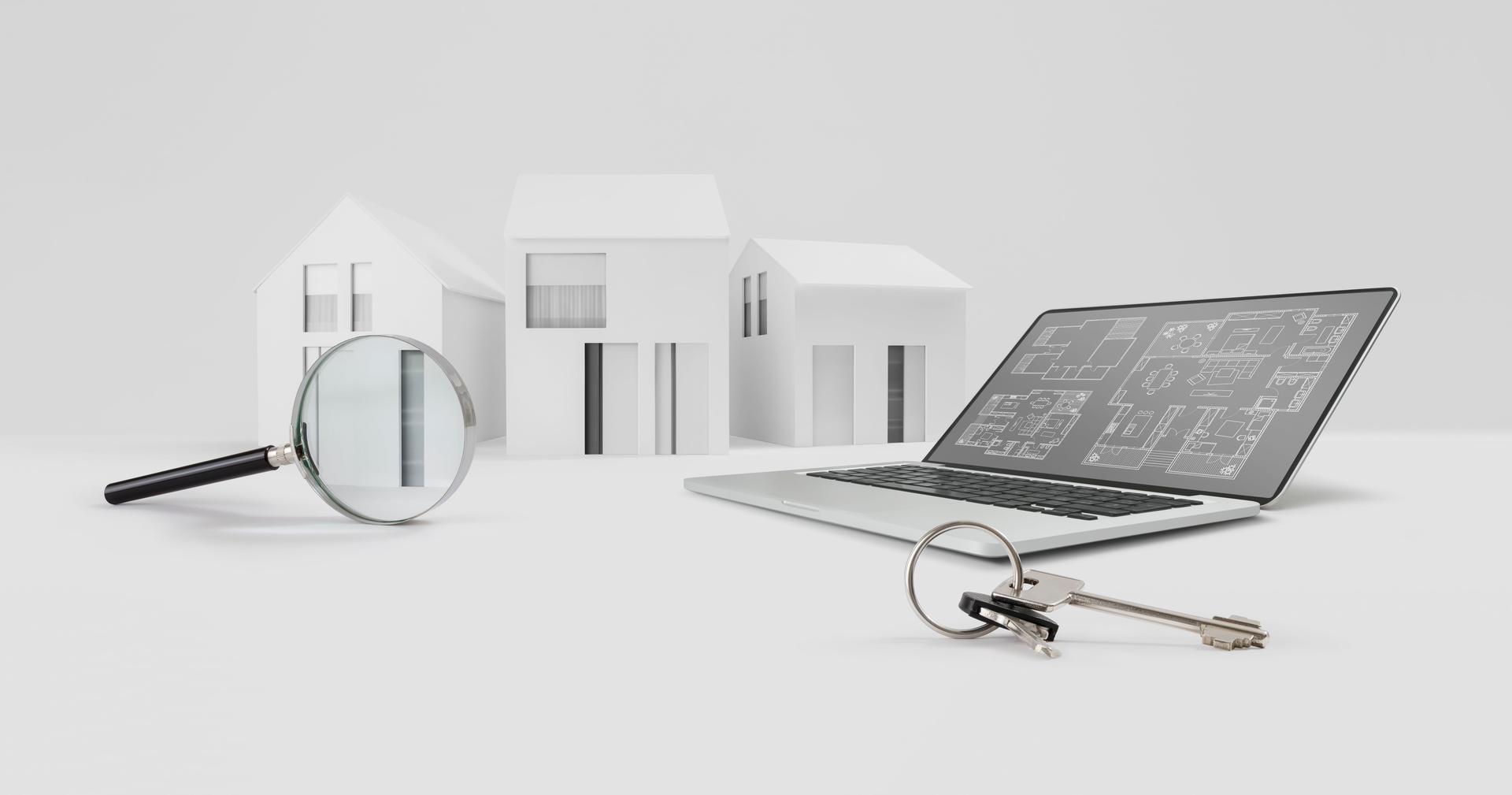 magnifying glass on architectural model of houses with computer laptop and keys, banner layout for internet search to online real estate buy or sale, bank loan concept, home turnkey service solutions