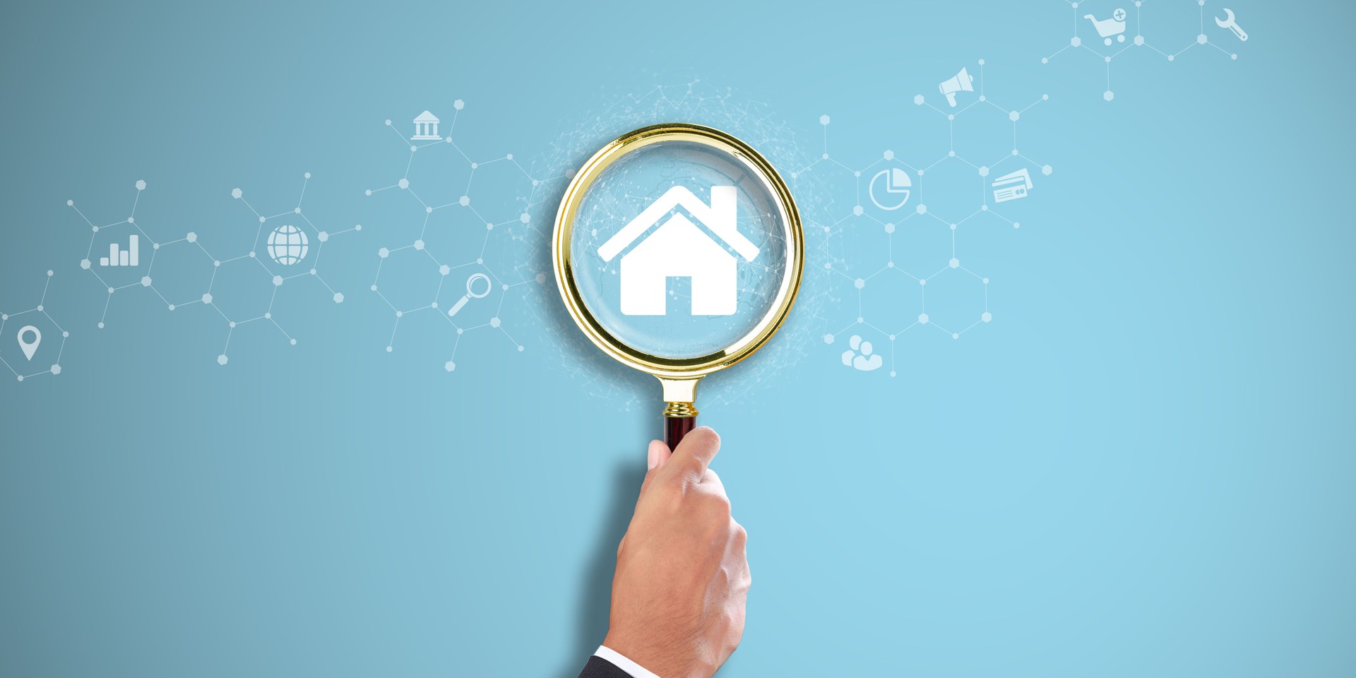 Property Management: Businessman Hand Holding a Magnifying Glass with Property Icon on Light Blue Background. Inspection, Efficiency, Tenant Relations.
