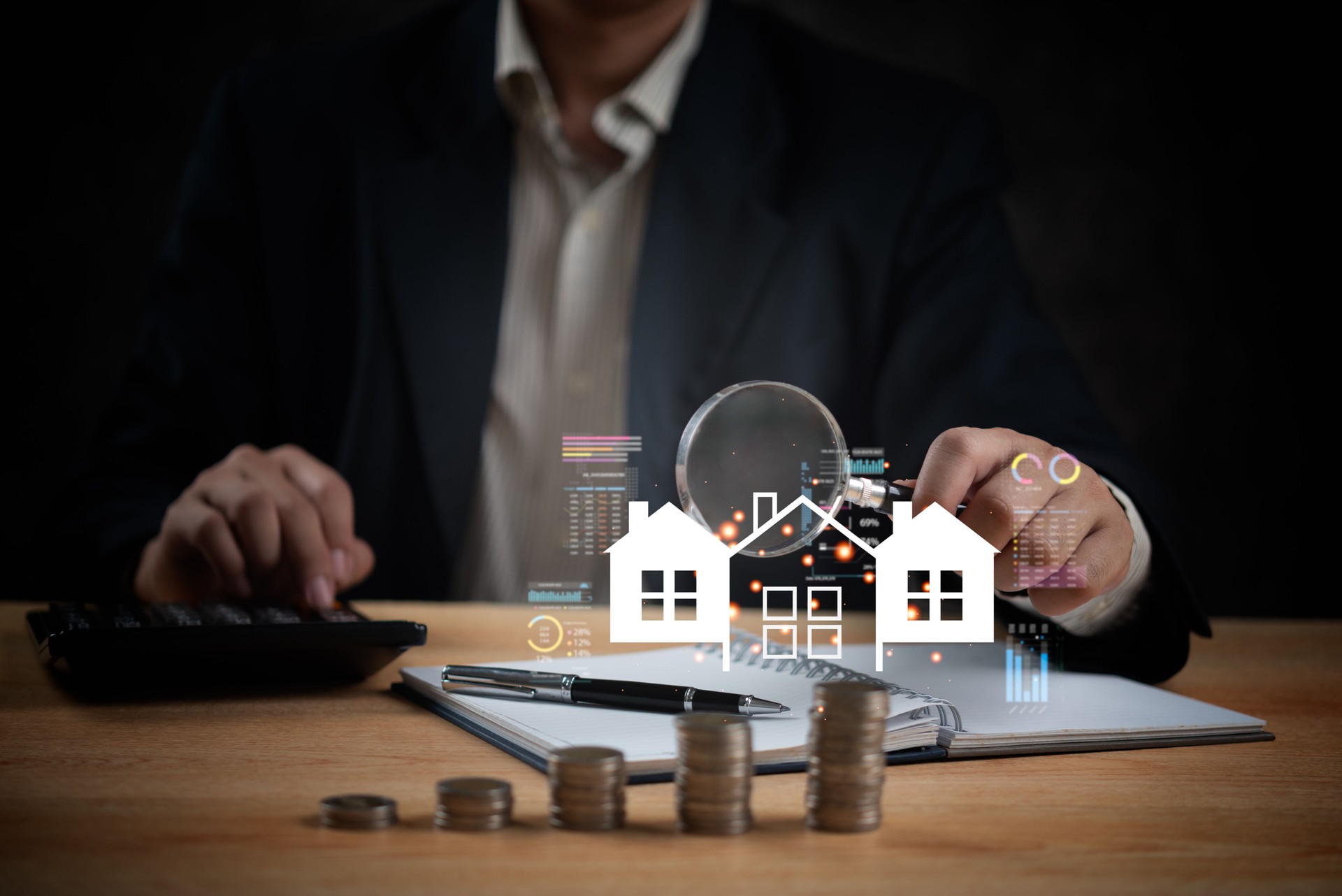 Businessman analyzing real estate market with a magnifying glass, using a calculator and reviewing financial data. Represents investment analysis, property valuation, mortgage planning.